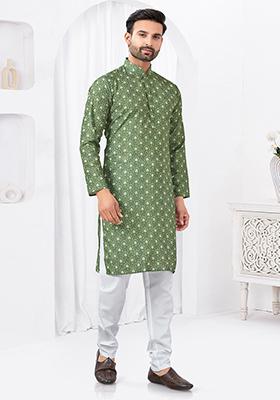 Olive Green Embroidered Cotton Kurta Set For Men
