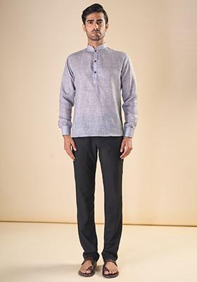 Grey Embroidered Linen Kurta For Men