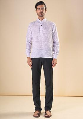Purple Embroidered Linen Kurta For Men