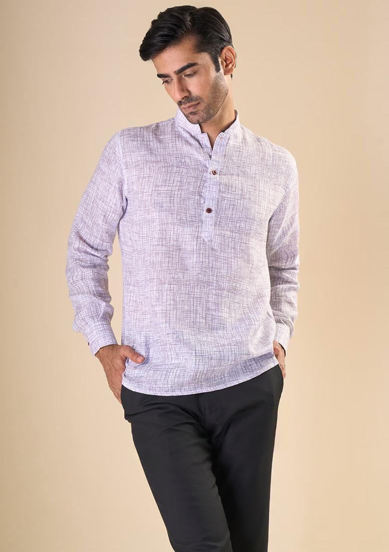 Purple Embroidered Linen Kurta For Men