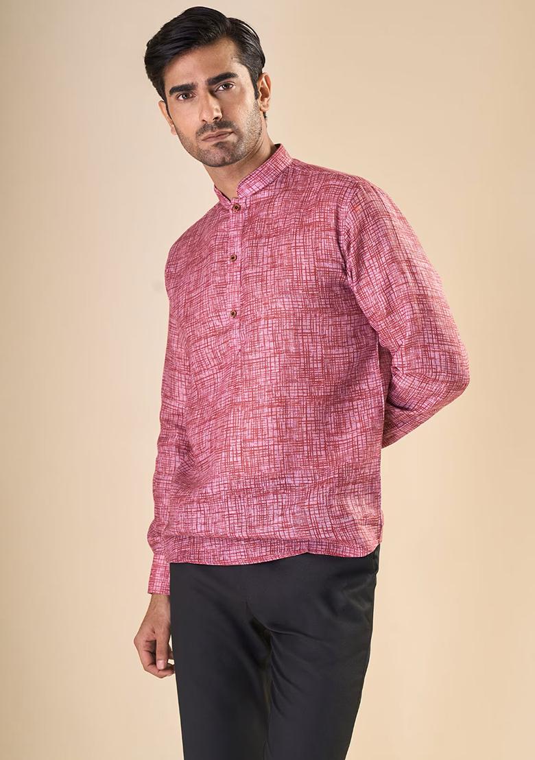 Maroon Embroidered Linen Kurta For Men