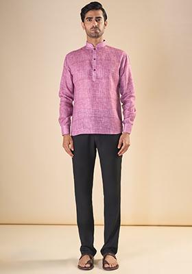 Pink Embroidered Linen Kurta For Men