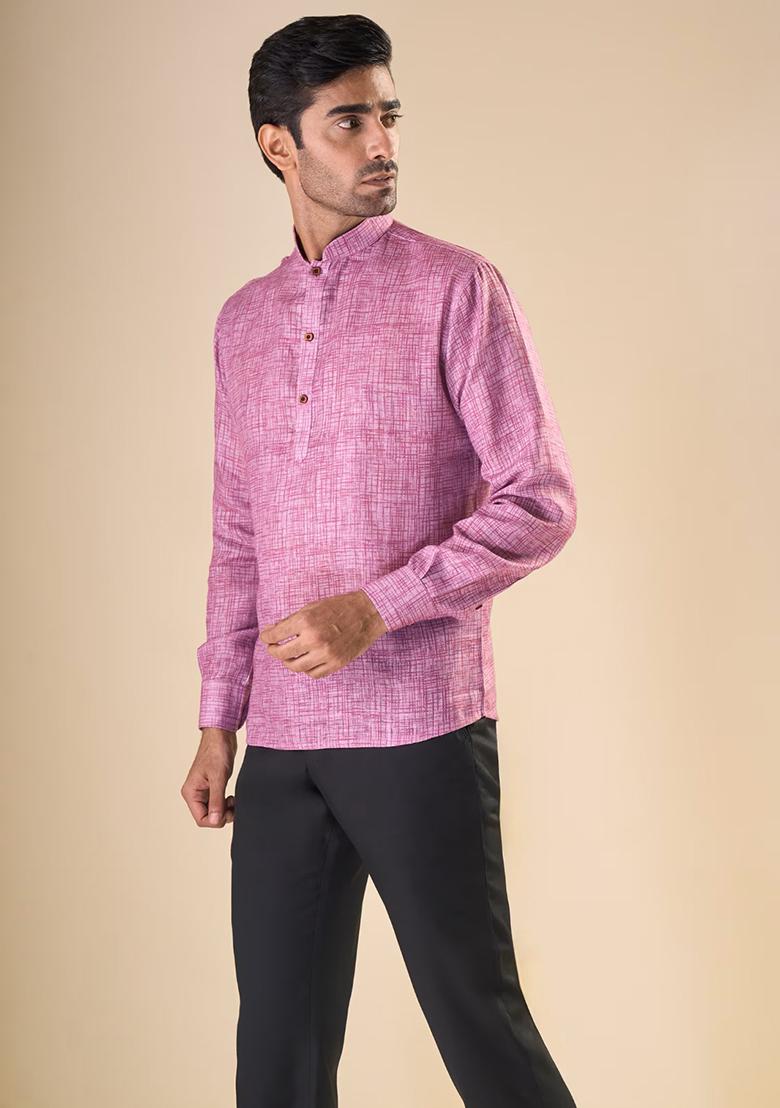 Pink Embroidered Linen Kurta For Men