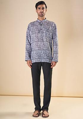 Black Embroidered Linen Kurta For Men