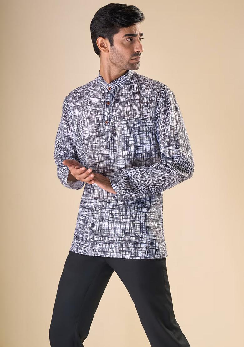 Black Embroidered Linen Kurta For Men