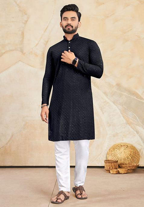 Black Embroidered Cotton Kurta Set For Men