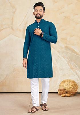 Rama Green Embroidered Cotton Kurta Set For Men