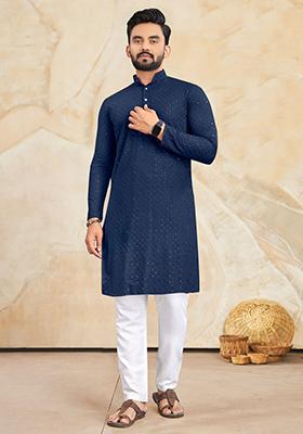 Blue Embroidered Cotton Kurta Set For Men