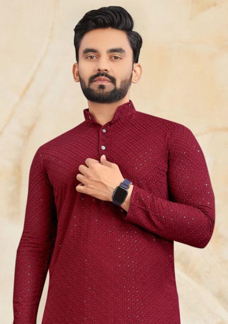 Maroon Embroidered Cotton Kurta Set For Men