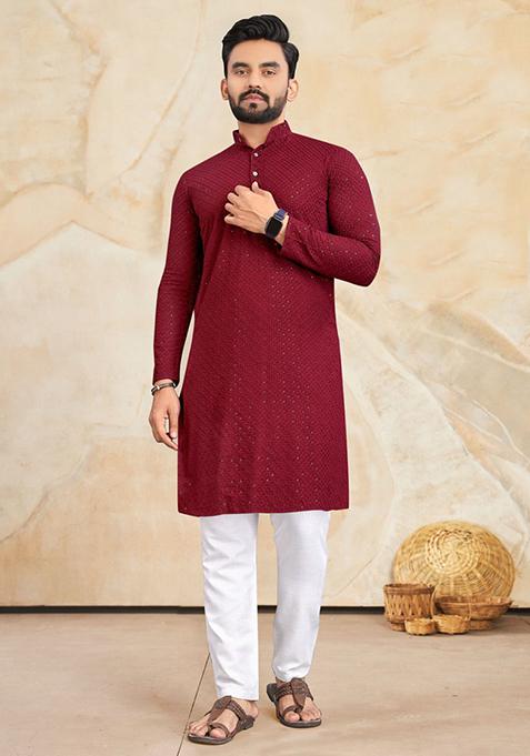 Maroon Embroidered Cotton Kurta Set For Men