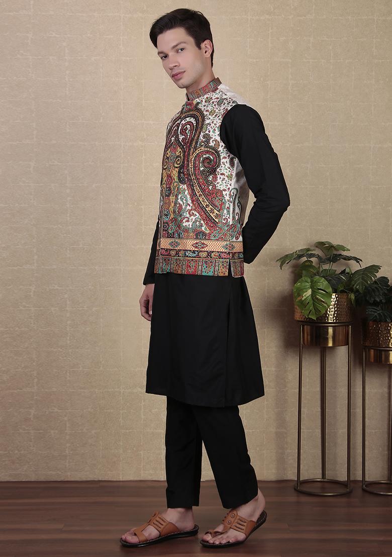 White Abstract print Art Silk Jacket For Men