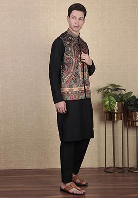 Black Abstract print Art Silk Jacket For Men