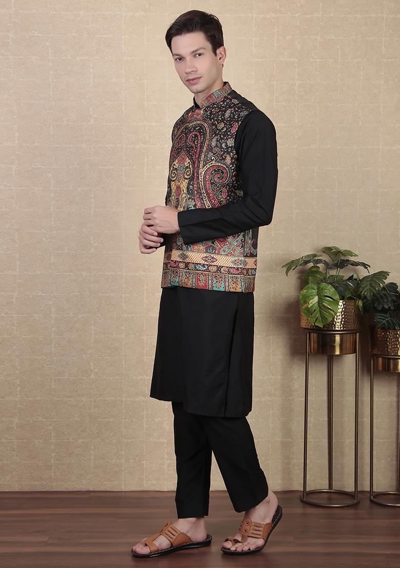 Black Abstract print Art Silk Jacket For Men