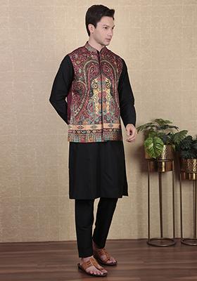 Maroon Abstract print Art Silk Jacket For Men