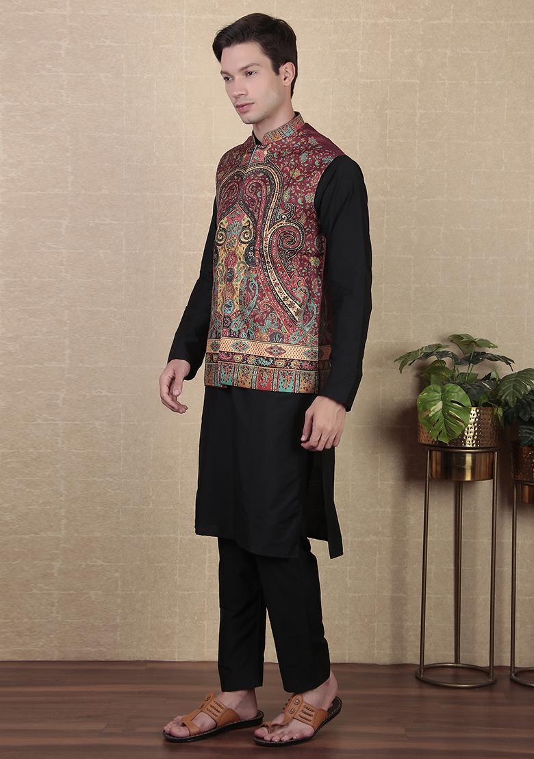 Maroon Abstract print Art Silk Jacket For Men