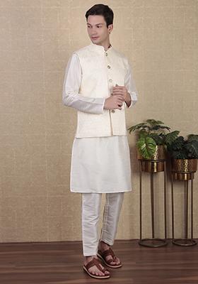 Off White Abstract print Art Silk Jacket For Men