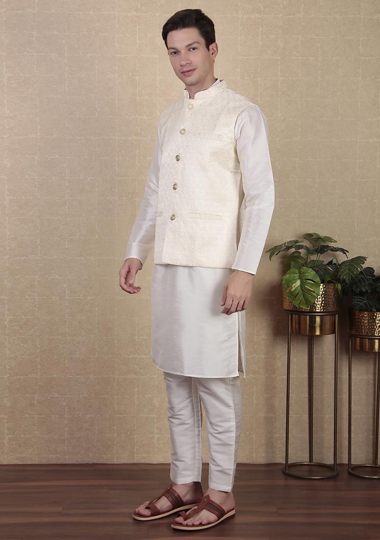 Off White Abstract print Art Silk Jacket For Men