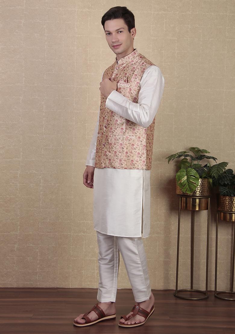 Beige Abstract print Art Silk Jacket For Men