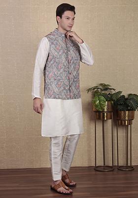 Grey Abstract print Art Silk Jacket For Men