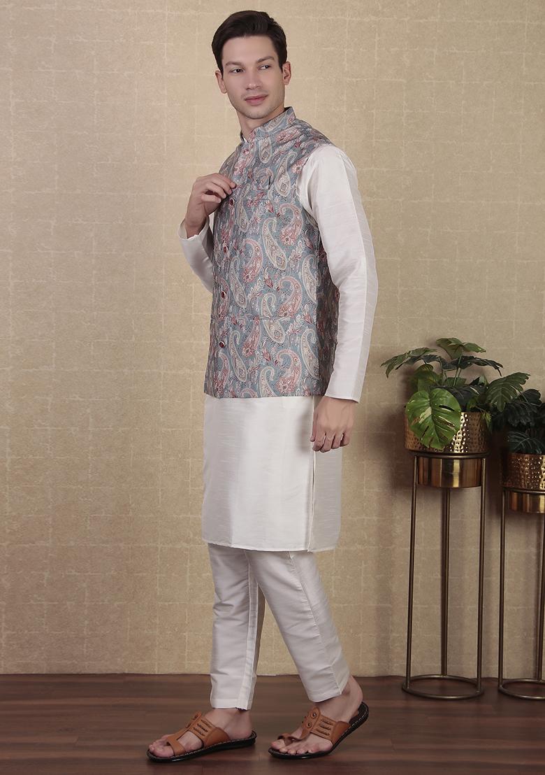 Grey Abstract print Art Silk Jacket For Men