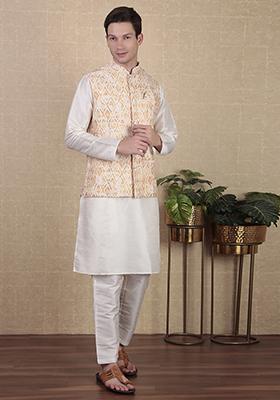 Yellow Abstract print Art Silk Jacket For Men