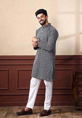 Black Embroidered Art Silk Kurta Set For Men