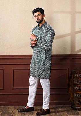 Green Embroidered Art Silk Kurta Set For Men