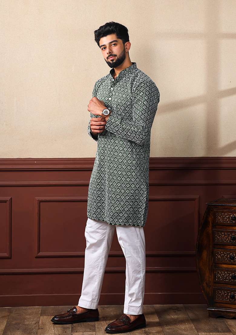 Green Embroidered Art Silk Kurta Set For Men - Indya