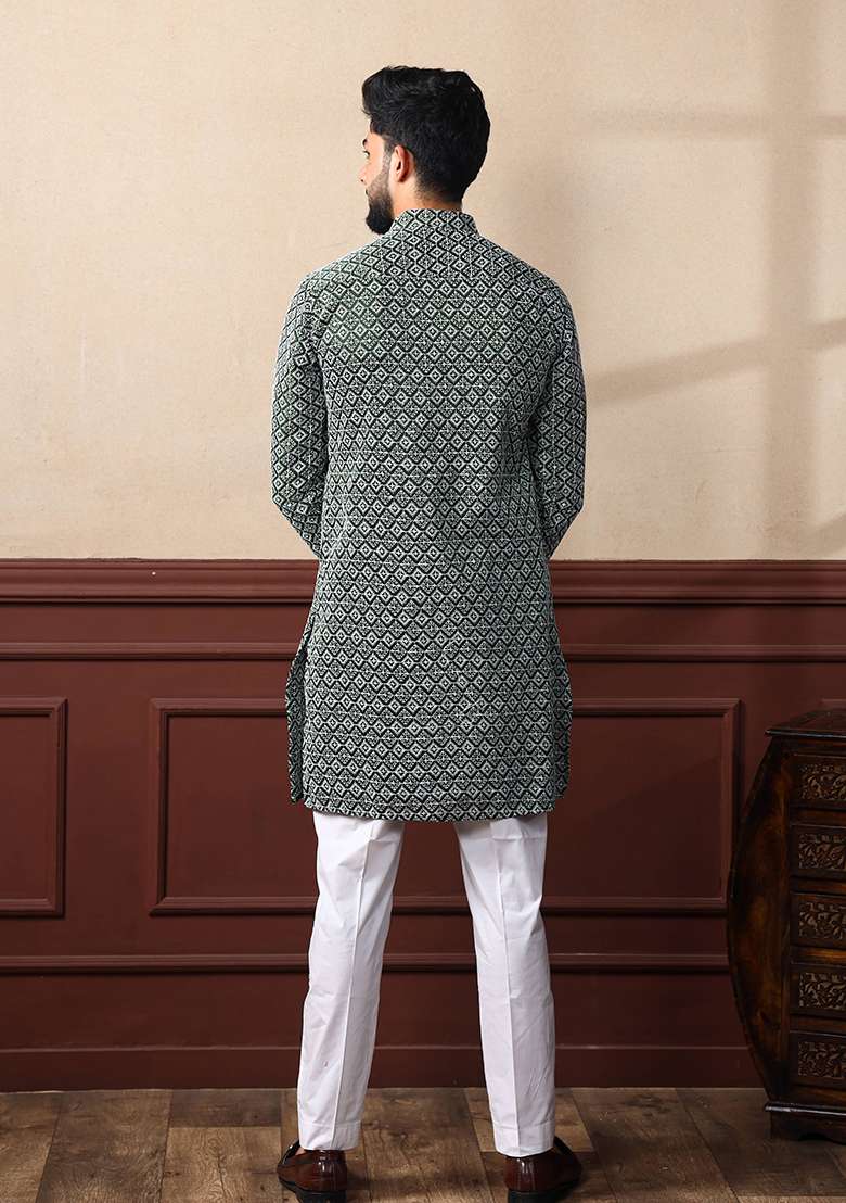 Green Embroidered Art Silk Kurta Set For Men - Indya