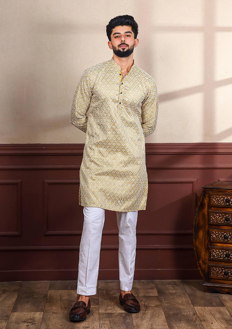 Beige Embroidered Art Silk Kurta Set For Men