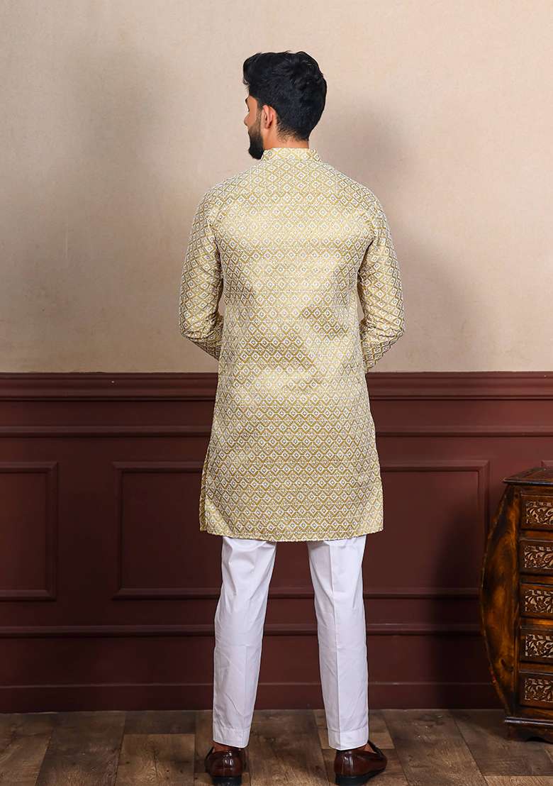 Beige Embroidered Art Silk Kurta Set For Men - Indya
