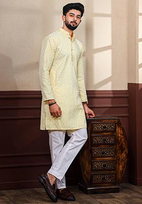 Yellow Embroidered Art Silk Kurta Set For Men