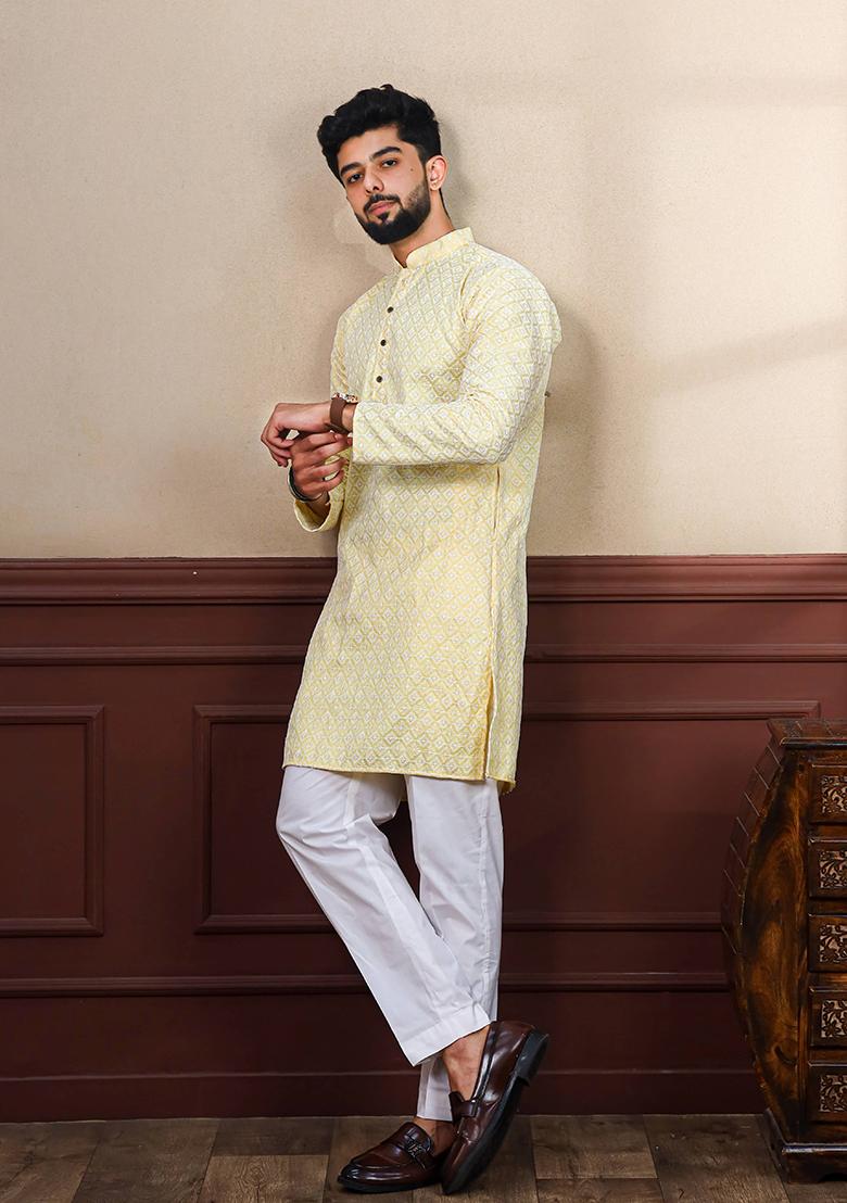 Yellow Embroidered Art Silk Kurta Set For Men