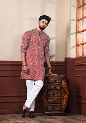 Maroon Embroidered Art Silk Kurta Set For Men
