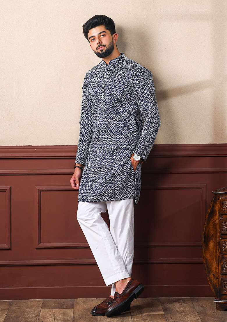 Blue Embroidered Art Silk Kurta Set For Men - Indya