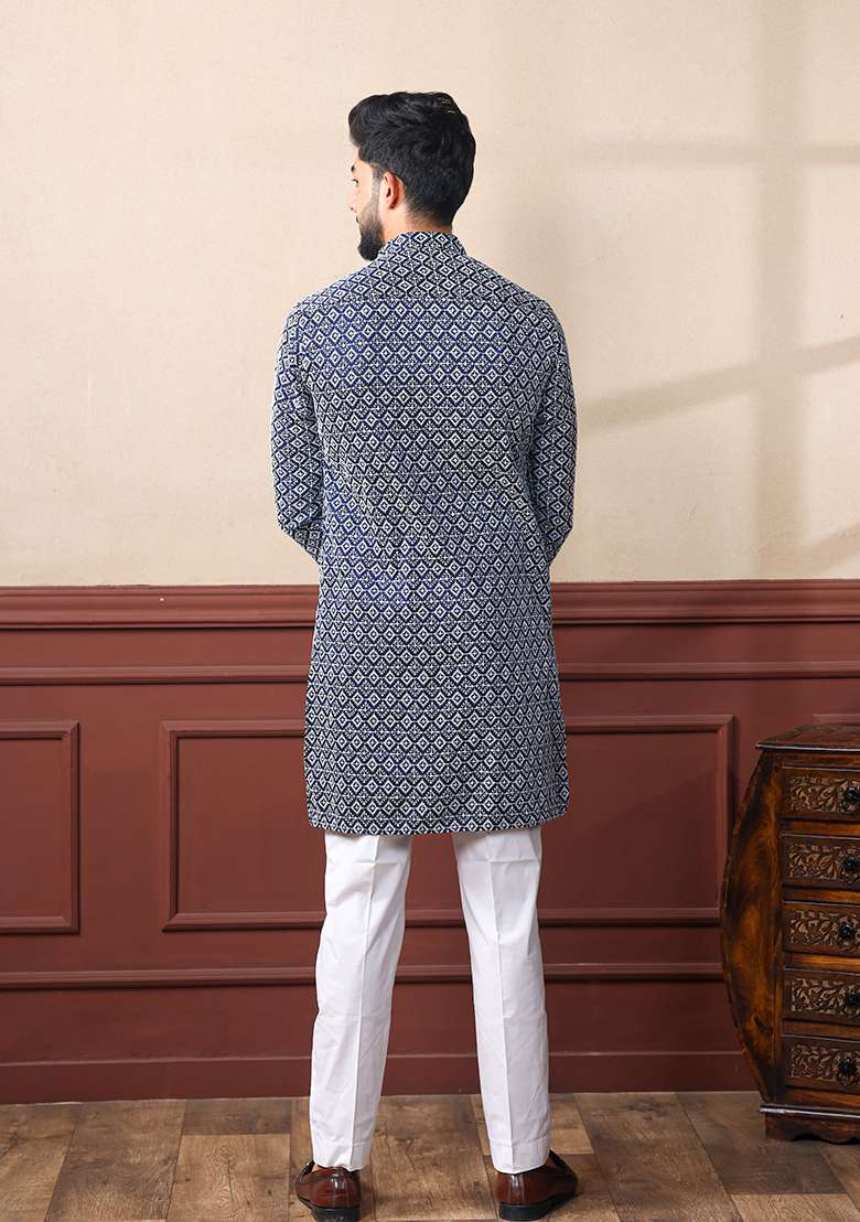 Blue Embroidered Art Silk Kurta Set For Men - Indya