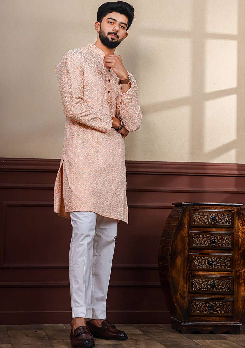 Peach Embroidered Art Silk Kurta Set For Men - Indya