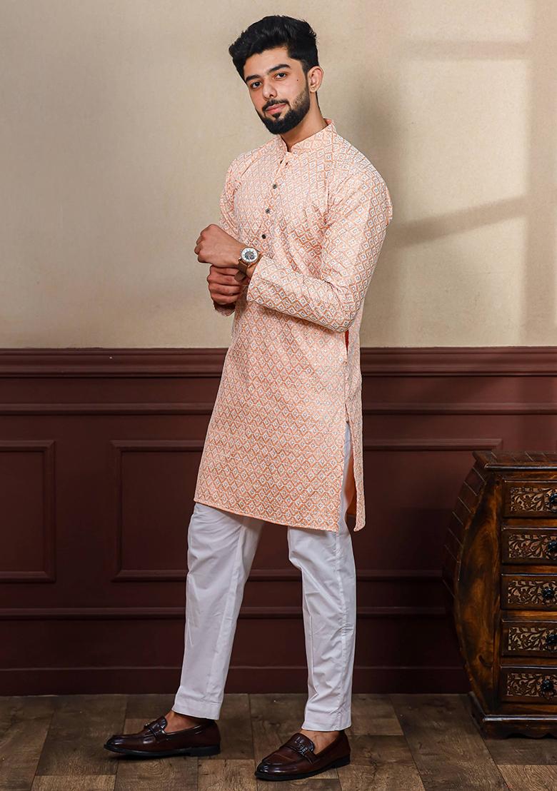 Peach Embroidered Art Silk Kurta Set For Men