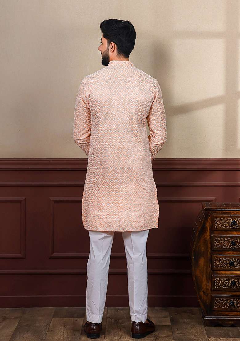 Peach Embroidered Art Silk Kurta Set For Men - Indya