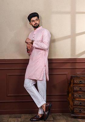 Pink Embroidered Art Silk Kurta Set For Men