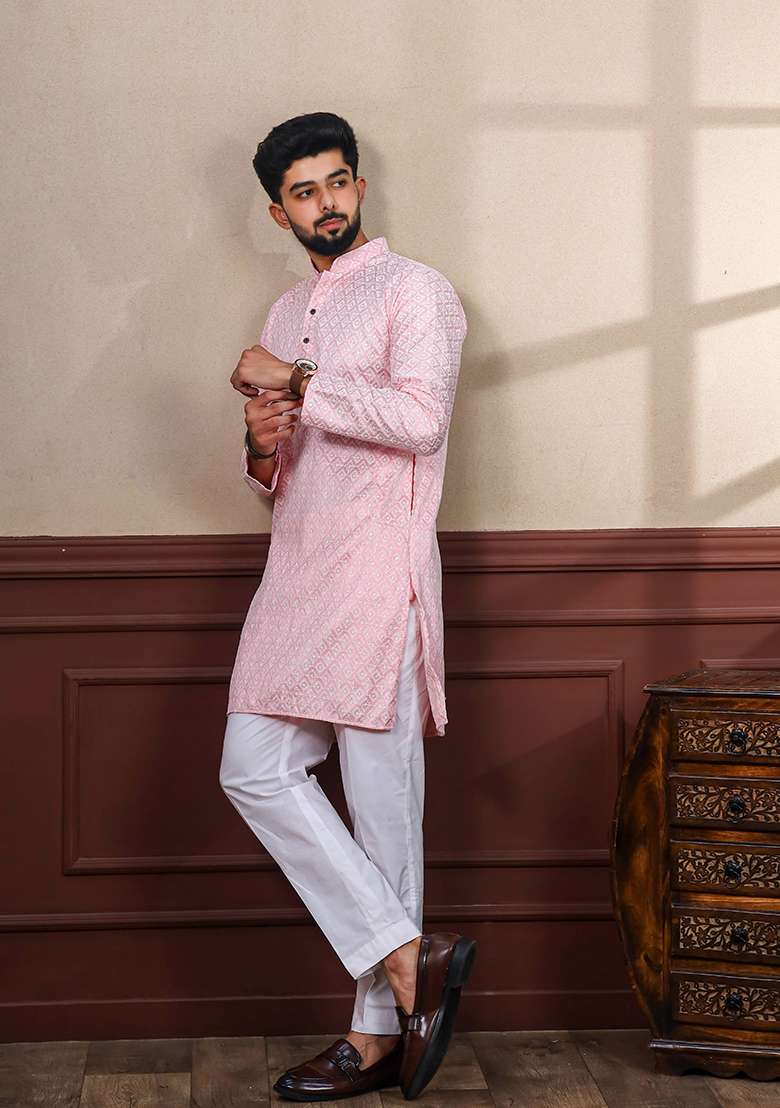 Pink Embroidered Art Silk Kurta Set For Men - Indya