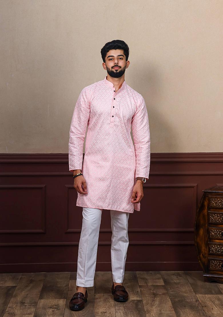 Pink Embroidered Art Silk Kurta Set For Men