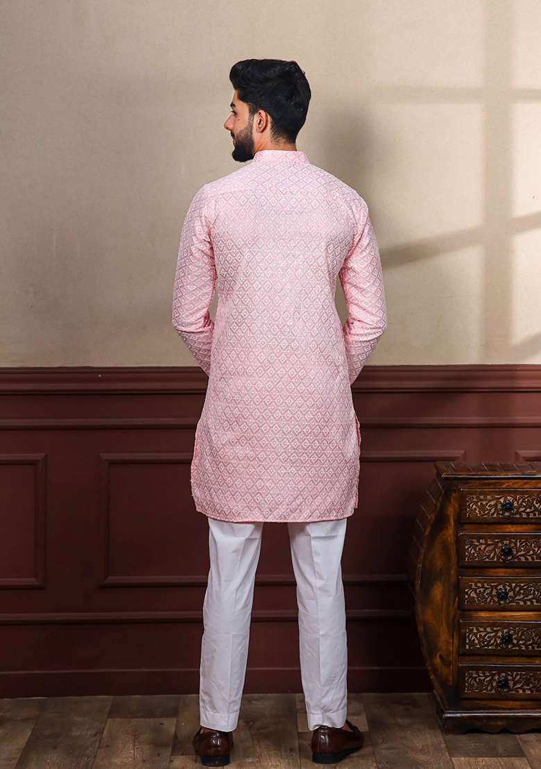 Pink Embroidered Art Silk Kurta Set For Men - Indya