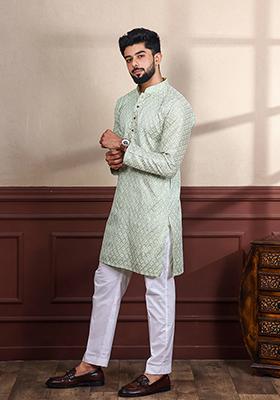Green Embroidered Art Silk Kurta Set For Men