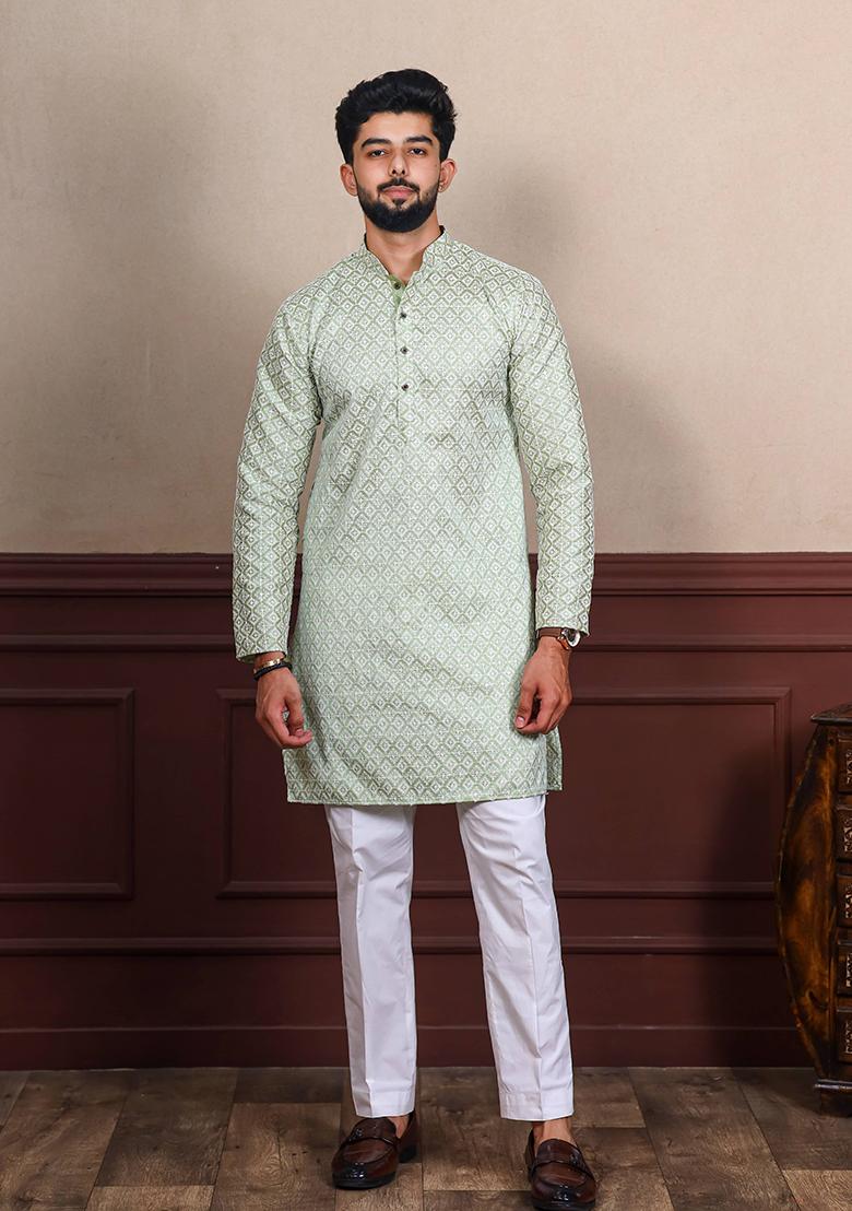 Green Embroidered Art Silk Kurta Set For Men