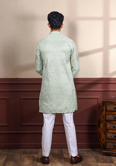 Green Embroidered Art Silk Kurta Set For Men