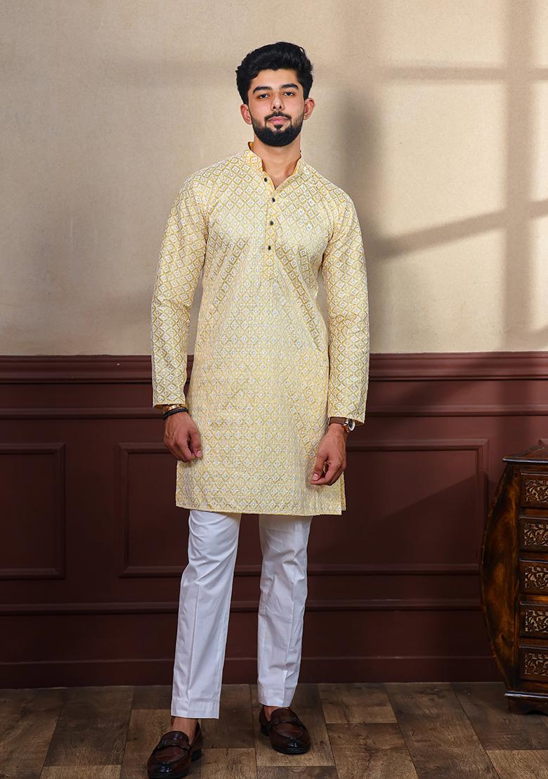 Yellow Embroidered Art Silk Kurta Set For Men