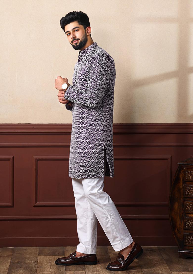 Wine Embroidered Art Silk Kurta Set For Men