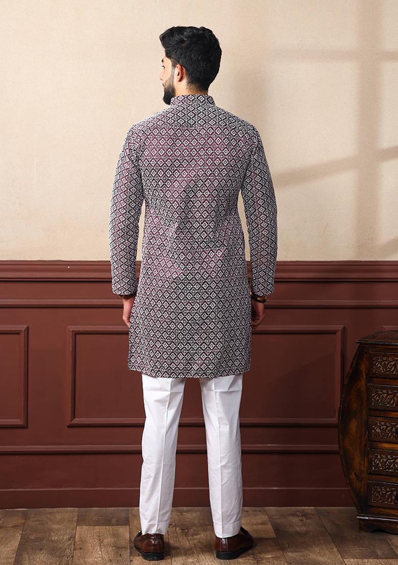 Wine Embroidered Art Silk Kurta Set For Men