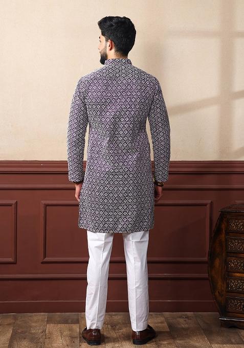 Wine Embroidered Art Silk Kurta Set For Men